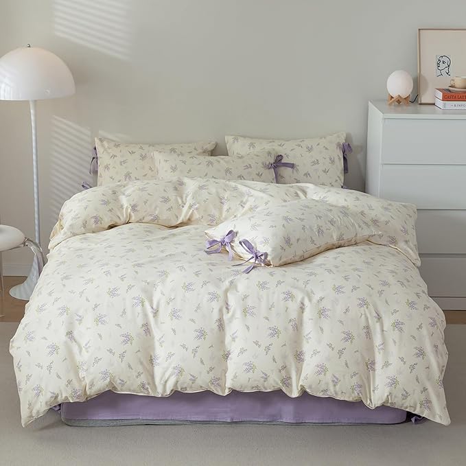 HighBuy Garden Floral Duvet Cover Twin XL with 2 Bowknot Bow Tie Pillowcases Coquette Aesthetic Comforter Cover Soft Cotton 3 Piece Botanical Boho Duvet Cover with Purple Flowers Bedding Set