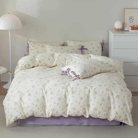 HighBuy Garden Floral Duvet Cover Twin XL with 2 Bowknot Bow Tie Pillowcases Coquette Aesthetic Comforter Cover Soft Cotton 3 Piece Botanical Boho Duvet Cover with Purple Flowers Bedding Set