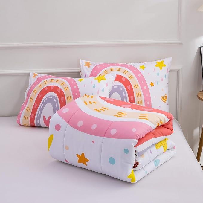 Btargot Lightweight Soft 3 Piece Rainbow Comforter Set with 2 Pillow Covers, Cartoon Love Hearts Flowers and Sun Star Bedding Set for Girls Boys Kids, Queen Pink