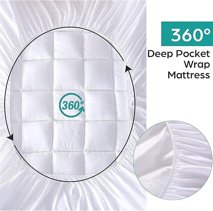 WhatsBedding Cotton Waterproof Mattress Pad Queen Size Top Down Alternative Filling Pillowtop Mattress Topper Cover-Fitted Quilted (Mattress Pad Queen)