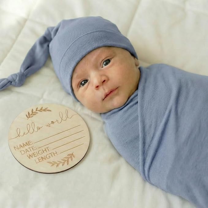 Large Jersey Knitted Swaddle Blanket for Baby, Soft Stretchy Receiving Blanket for Newborns with Hat, Baby Nursery Swaddle 47 x 47 inches(Steel Blue)