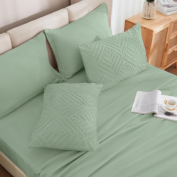Andency Oversized Queen Comforter Set 7 Piece Sage Green - Bed in a Bag Oversized Queen Boho Lightweight Fluffy Tufted Bedding Sets with Comforter, Sheets, Pillowcases & Shams