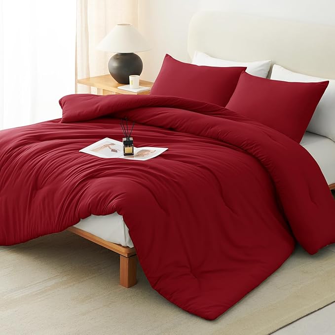 CozyLux Full Size Comforter Set Dark Red, 3 Pieces Solid Breathable Quilted Style Bedding Sets, Luxury Soft Bed Set with Down Alternative Comforter for All Season (1 Comforter & 2 Pillowcases)