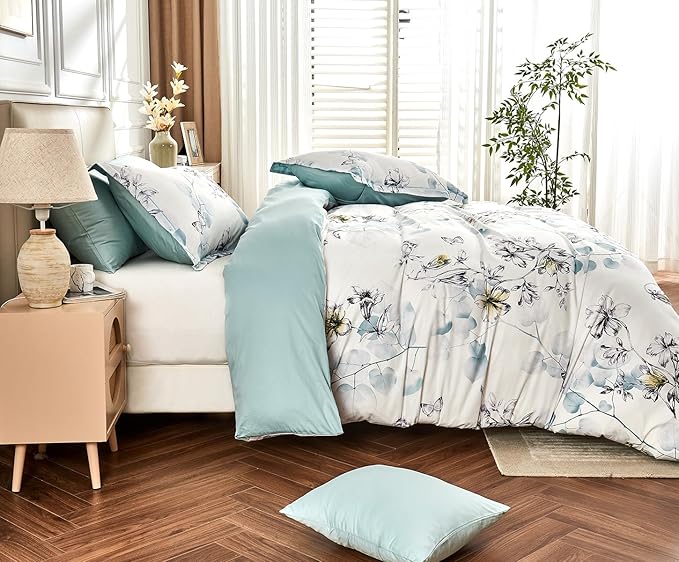 Queen Size Duvet Cover Set with Button Closure - Light Blue and Yellow Botanical Luxury Bedding for a Comfortable Sleeping