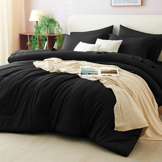 CozyLux Twin XL Comforter Set Black, 5 Pieces Bed in a Bag Twin Extra Long Comforter Set with Sheets, 5PC Bedding Sets with Down Alternative Comforter, Sheets, Pillowcase & Sham for All Seasons