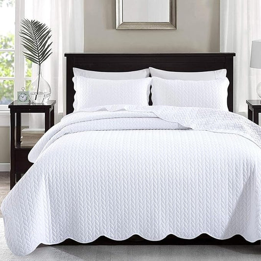 IR Imperial Rooms Queen Quilt Bedding Set Size (90" x 96") + 2 Pillow Shams (20" x 26"+ 2") - 3 Pcs All Season Lightweight Reversible Microfiber Coverlet Embossed Quilt Bedspread (White)