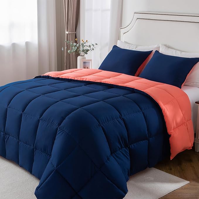 KASENTEX Queen Comforter Set – Reversible Dual Color – Goose Down Alternative – Ultra-Soft, Lightweight, Machine Washable, Maintain Fluffiness, All Season Warmth (Navy/Coral)