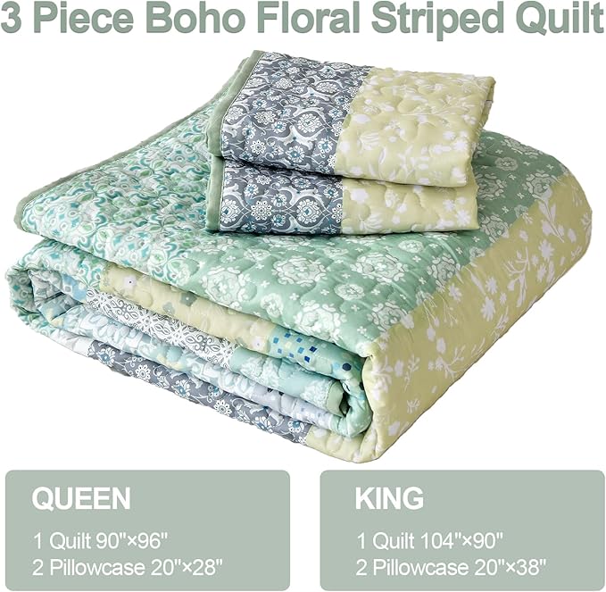 WONGS BEDDING Boho Quilt Set Queen, Sage Green Bohemian Striped Patchwork Bedspread Coverlet Set with 2 Pillowcases,Lightweight Microfiber Floral Bedding Set 96"×90"