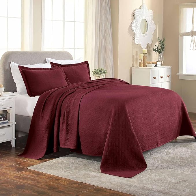Superior 2 Piece Basketweave Cotton Bedspread Set, Home Bed Decor, Decorative Bed Spread, 1 Pillow Sham, Medium Weight Blanket, Matelasse Coverlet Bedding, Geometric Lattice Pattern, Twin, Garnet