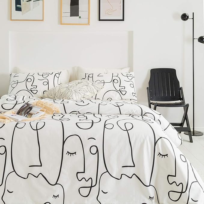 YuHeGuoJi Geometric Face Duvet Cover King 100% Cotton Modern Black White Striped Duvet Cover with Zipper Ties 2 Pillowcases Artistic Abstract Drawing Line Geometric Bedding Set Soft