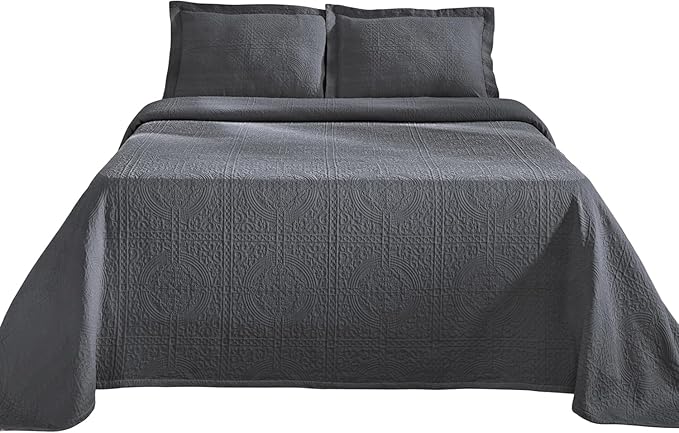 Superior Cotton Fleur De Lis Bedspread Set, Warm Blankets, All-Season Bedding, Bedroom Decor, Decorative Boho Medallion Coverlet, Includes 1 Bedspread, 2 Pillow Shams, Queen, Grey