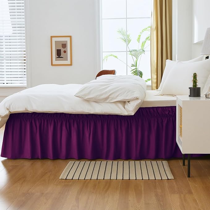 MEILA Wrap Around Bed Skirt Three Fabric Sides Elastic Dust Ruffled 24 Inch Tailored Drop,Easy to Install Fade Resistant-Purple, Queen/King