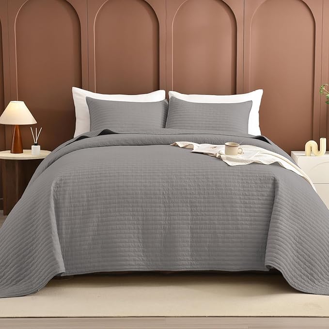 Lady Ann Gray Oversized King Bedspread 120x120, 3Pcs Extra Large Farmhouse Lightweight King Quilt Bedding Set Soft Quilted Bedspreads Thin Comforter for All Season