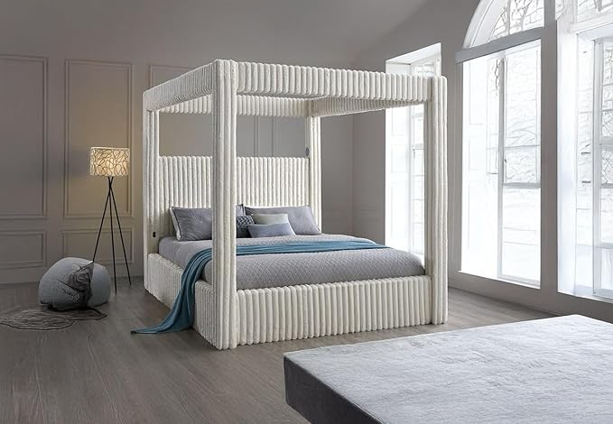 First of a Kind Serenity Edge Corduroy Canopy Bed - Modern King Bed with Plush Ribbed Fabric, Clean Lines, & Bold Texture - Canopy Bed King for Unwinding in Style & Comfort, Beige