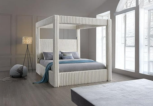 First of a Kind Serenity Edge Corduroy Canopy Bed - Modern King Bed with Plush Ribbed Fabric, Clean Lines, & Bold Texture - Canopy Bed King for Unwinding in Style & Comfort, Beige
