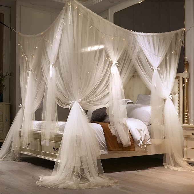 VETHIN 4 Corners Post Princess Bed Canopy Curtain Double Layer Cozy Drape Netting 4 Opening Mosquito Net for Girls & Adults Bedroom Decoration Accessories (Double White, 47" W*78" L*82"*H/Twin)