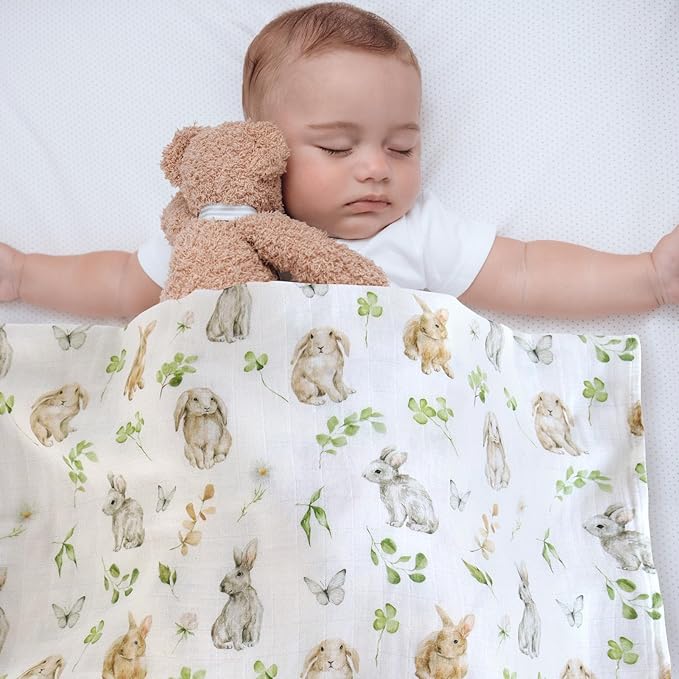 LifeTree Baby Swaddle Blankets, Boys Girls Muslin Swaddling Wrap Receiving Blanket for Newborn, 70% Viscose from Bamboo and 30% Cotton, Large 47" x 47", Rabbit and Grass Green Pattern