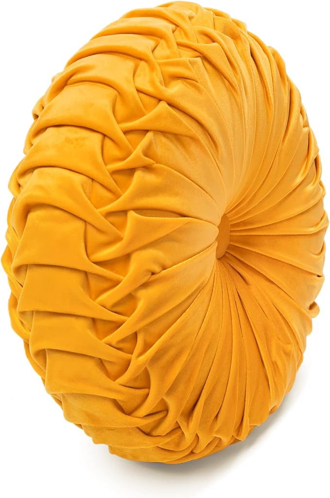 Lush Decor Round Pleated Soft Velvet Decorative Throw Pillow, 1 Count, 15" Diameter, Yellow - Plush Round Pillow, Seat Cushion, Decorative Pillows For Bed, Couch, Or Chair