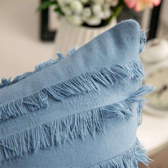 MIULEE Set of 2 Decorative Boho Throw Pillow Covers Linen Striped Jacquard Pattern Cushion Covers for Sofa Couch Living Room Bedroom 18x18 Inch Blue