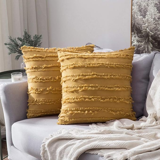 MIULEE Set of 2 Decorative Boho Throw Pillow Covers Linen Striped Jacquard Pattern Cushion Covers for Spring Sofa Couch Living Room Bedroom 16x16 Inch Yellow