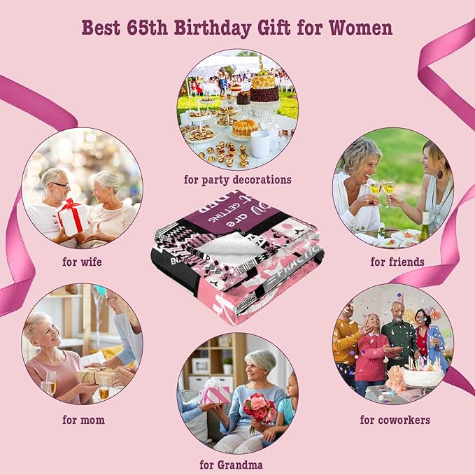 65th Birthday Gifts for Women Throw Blanket 60”x50”, Happy 65th Birthday Decorations for Women, 1961 Bday Gift for 65 Year Old Woman Mom Grandma Friend