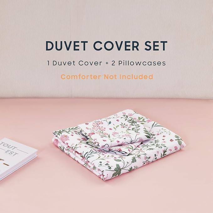 Wake In Cloud - Floral Duvet Cover Set, Shabby Chic Cottage Garden Botanical Flower Style with Elegant Wildflower Pattern, Soft Lightweight Bedding, 3 Pieces, Pink White, Full Size