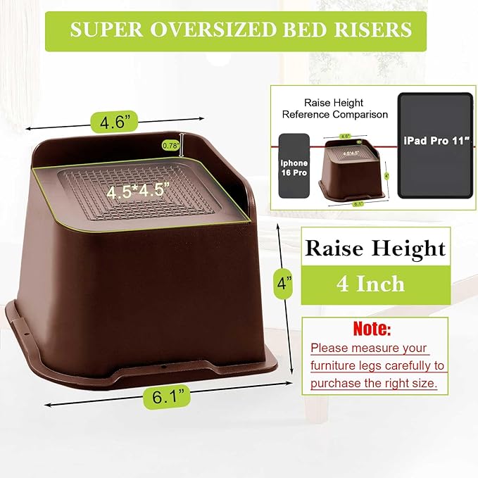 Bed Risers 1 inch, 2 inch, 3 inch, 4 inch, 6 inch, 8 inch Heavy Duty, Oversized Furniture Riser for Couch Sofa Table Chair Leg Frame Dorm, Support up to 6000 Lbs (Chocolat Brown 8 Pack, 4 inch)