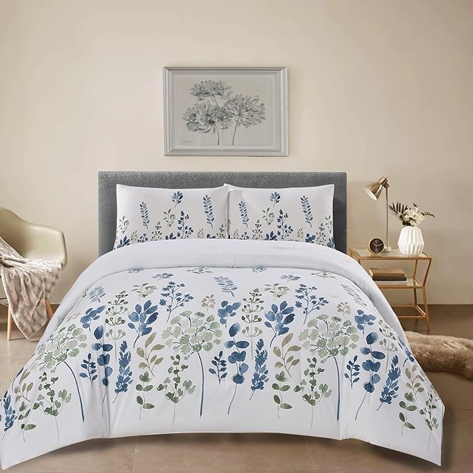 Style Quarters Duvet Cover 100% Polyester Floral Blue 3 Pieces White Duvet Cover with 1 Duvet Cover and 2 Pillow Shams(Queen)