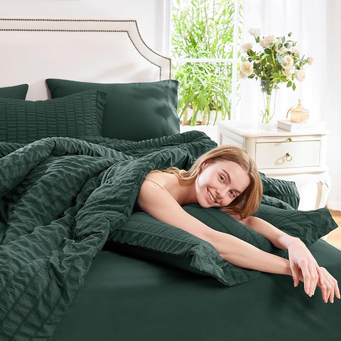 CozyLux King Size Comforter Set Forest Green Seersucker 7 Pieces Bed in a Bag King Comforter Set with Sheets, Luxury Bedding Set with Down Alternative Comforter, Sheets, Pillowcases & Shams All Season