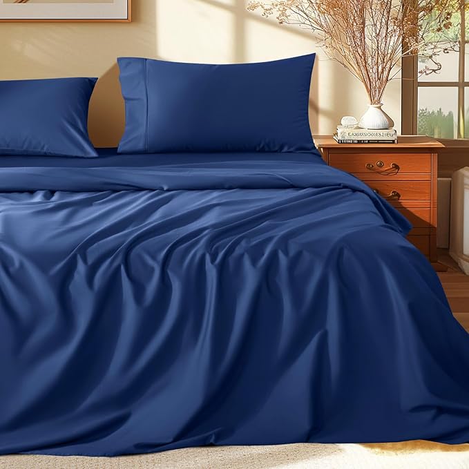Shilucheng 100% Egyptian Cotton Sheets Set - 1000 Thread Count，Luxury Cotton Bed Sheets，Breathable & Cooling Bedding and Pillow Cases, 16 Inch Deep Pocket - 4 Piece (California King, Navy Blue)