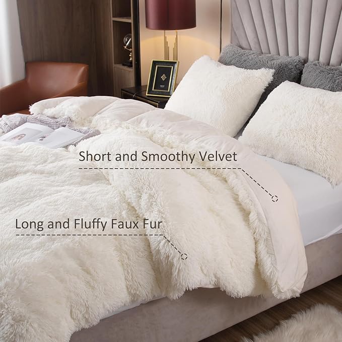 EMME Plush Shaggy White Duvet Cover Set Queen Size 3 Pieces Luxury Fuzzy Comforter Cover Set, Soft Faux Fur Fluffy Winter Bedding Set (White, Queen)