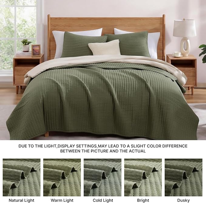WRENSONGE Queen Quilt-3 Pieces Lightweight Bedspreads Olive Green Queen Size Quilt Bedding Set for All Seasons, Soft Summer Coverlet with 2 Pillow Shams Suitable for Bed & Couch