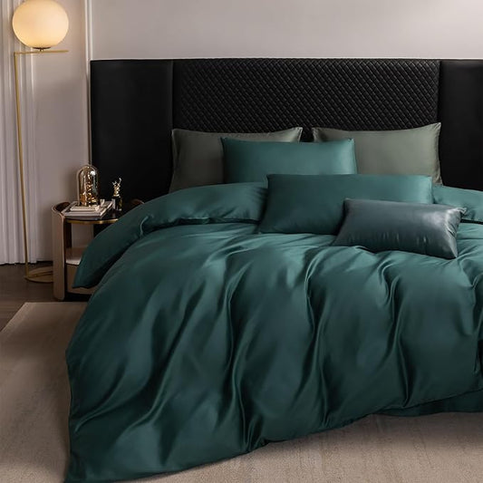 MooMee King Duvet Cover Set, 100% Extra Long Staple Cotton 600 Thread Count Sateen Silky Soft Breathable Durable Luxury Hotel Quality Bedding Set, 3 Pieces (Forest Green, King 104"x90")