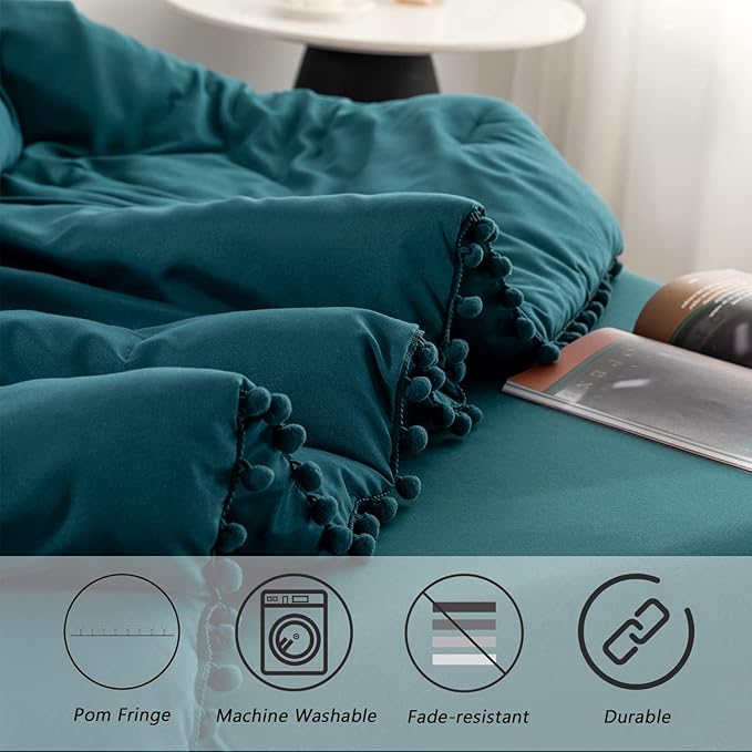 PERFEMET Teal Bed in A Bag Twin Size 5 Pieces Boho Pom Pom Comforter Set with Sheets for Girls Kids Fluffy Soft Microfiber Solid Bedding Complete Set(Teal, Twin)