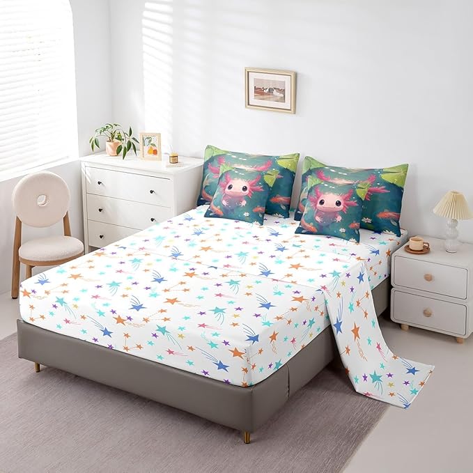 Feelyou Kids Cute Axolotl 7 Pieces Bedding Set Twin Size, Cartoon Salamander Bed in A Bag Ocean Sealife Comforter Set with Sheets Boys Girls Kawaii Animal Teens Bed Set Bedroom Decor 7Pcs