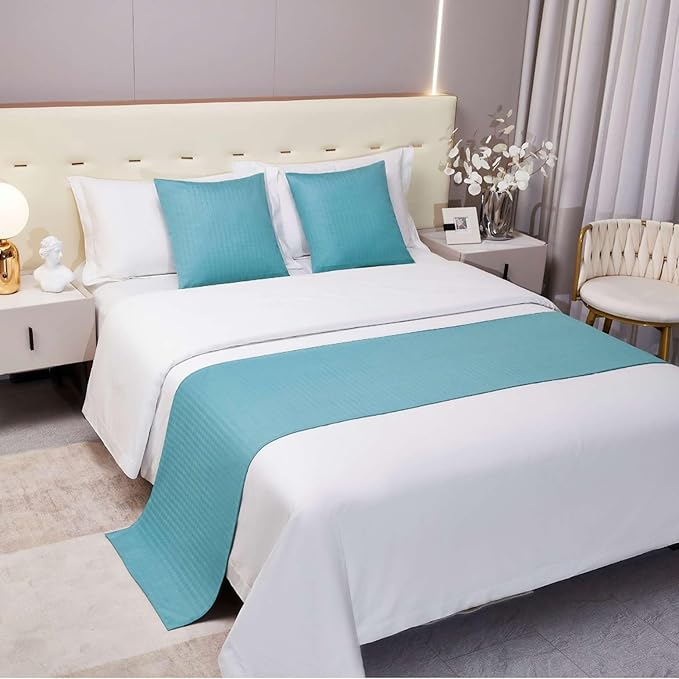 Aqua Blue Bed Runner King Geometry Striped Reversible Bed Scarf for 180cm Bed Aqua Durable Quilted Bed Scarves Decorative for Hotel Bedroom (95 x 20 in, 1 Piece)
