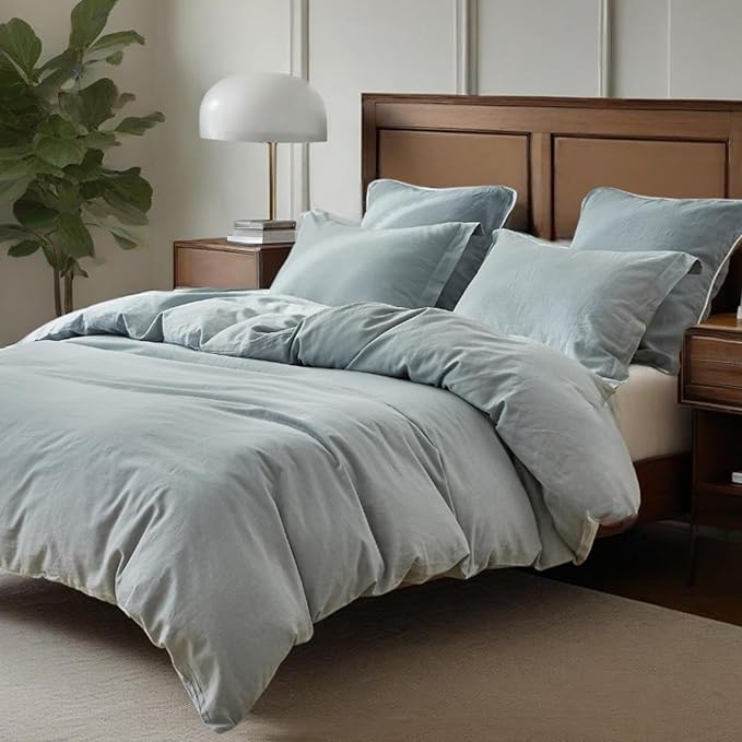 Simple&Opulence 100% Linen Duvet Cover Set, 3 PCS Natural French Flax Dusty Blue Duvet Cover King Size, Breathable Soft Comfy Linen Bedding Comforter Cover with 2 Pillowcases(Dusty Blue, 104"x92")