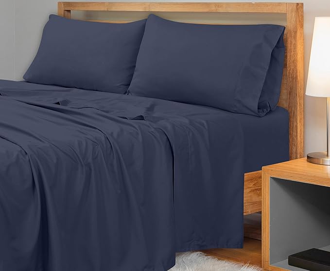 Royale Linens 300 Thread Count 100% Long Staple Combed Cotton Flat Sheet - Super Soft - Top Sheets - California King Flat Sheet Sold Separately - Breathable, Cool & Crisp Sheets Only (Cal King, Navy)