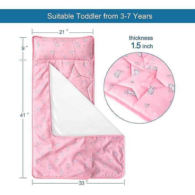 Toddler Nap Mat with Blanket 50" x 21" x 1.5", Nap Mat for Boys Girls Super Soft and Cozy, Kids Sleeping Bag for Preschool, Daycare, Toddler Sleeping Bag, Pink Horse