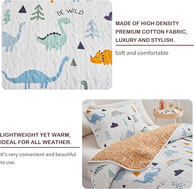 Joyreap 2-Piece Cotton Quilt Set Twin, Cute Dinosaur Reversible Design for Kids Boys n Girls, Breathable Skin-friendly Quilt Bedspread Bed Cover for All Season, 1 Quilt and 1 Pillow Sham- 68x86 inches