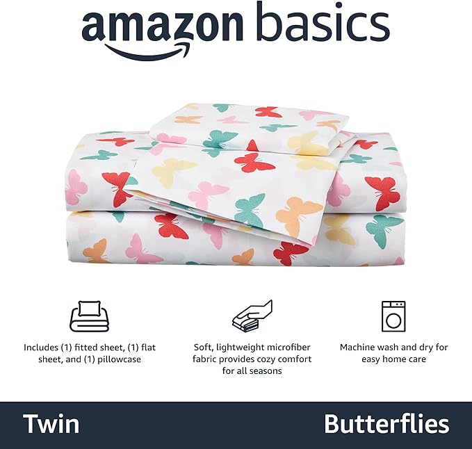 Amazon Basics Kid's Soft Easy-Wash Microfiber 3-Piece Sheet Set,Twin,Multi-Color Butterflies,Butterfly Friends,Printed,(Pack of 4)