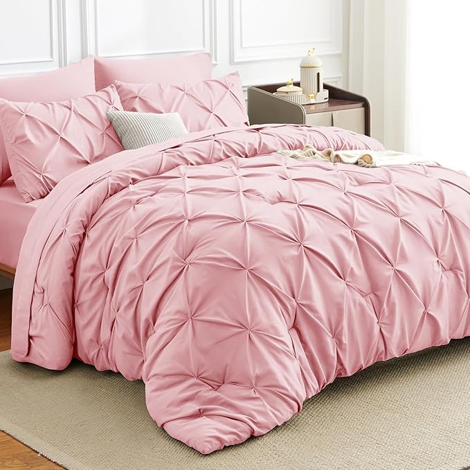 Queen Comforter Set Pink, 7 Pieces Pintuck Bed in A Bag Queen Size Bedding, Soft Bed Set All Season Pinch Pleat Comforter Set with Sheets, Pillowcases & Shams