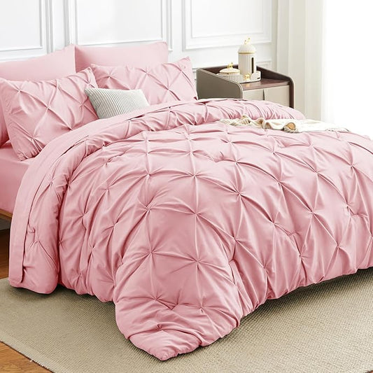 King Comforter Set Pink, 7 Pieces Pintuck Bed in A Bag King Size Bedding, Soft Bed Set All Season Pinch Pleat Comforter Set with Sheets, Pillowcases & Shams