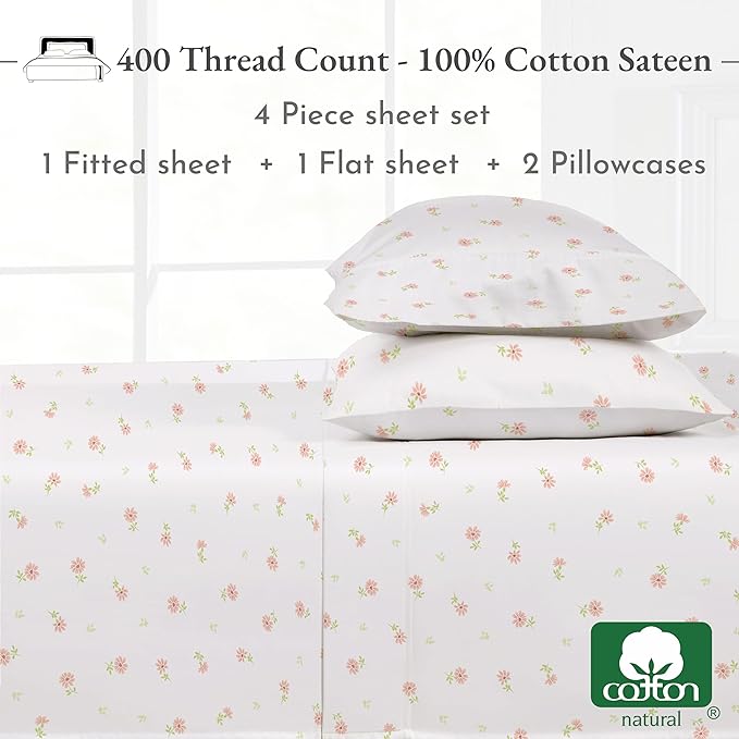 California Design Den Floral Print King Size Sheets Set - 400 Thread Count, Soft Sateen, Natural 100% Cotton Sheets King Size, Deep Pockets, and Durable Bedding Set - Soft Floral