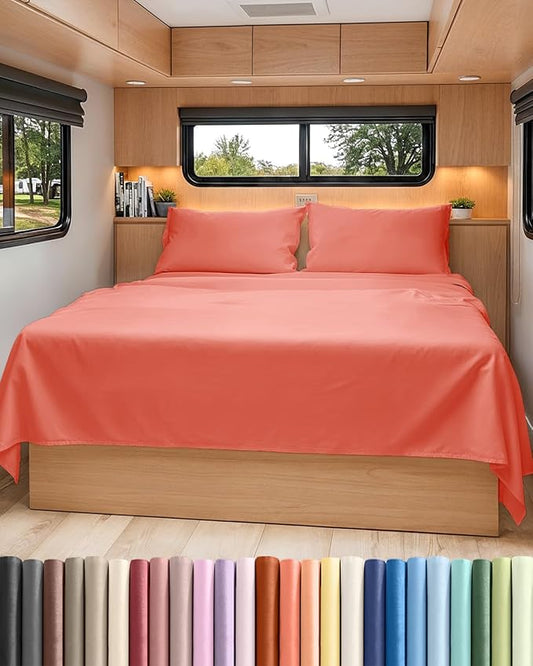 RV Short Queen Sheet Set 60 X 75 - 4 Piece RV Short Queen Bed Sheets - Soft, Breathable & Cooling - Designed for Bunks, Trailers and Campers - Fits 8” to 12" Mattress - Hotel Luxury Bedding - Coral