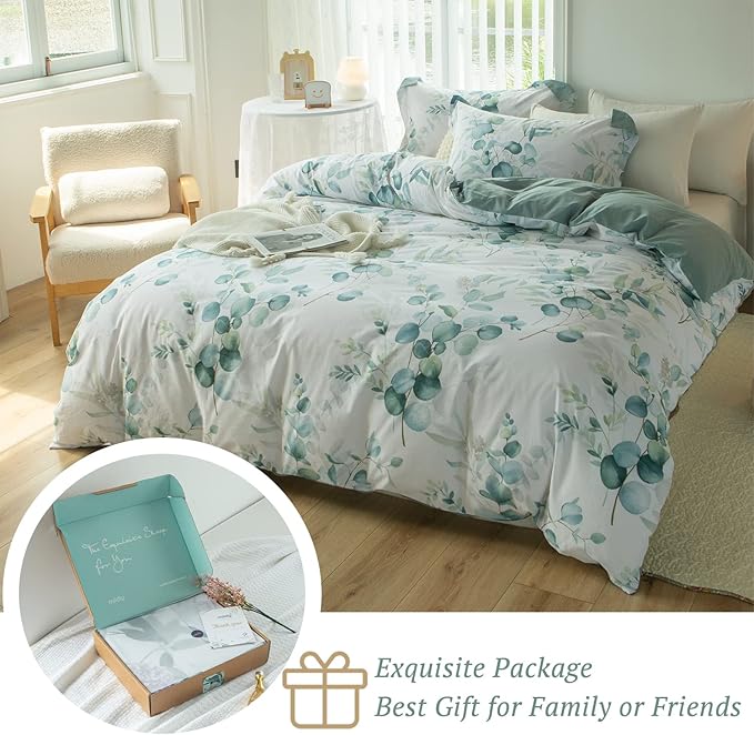 MILDLY Duvet Cover Leaf Pattern- 100% Washed Cotton Eucalyptus Printed Comforter Cover Linen Feel Sage Green Bedding Set with Zipper Closure 4 Ties Twin Size