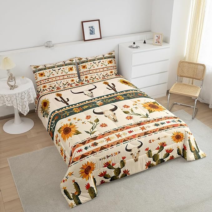 Feelyou Rustic Western Comforter Set Queen Size Bull Skull Floral Printed Bedding Set for Kids Boys Girls Room Decor Vintage Sunflower Farmhouse Comforter Geometric Western Boho Quilt Set