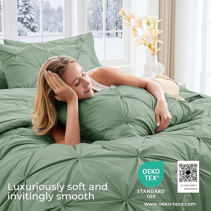 Sasttie King Size Comforter Set, 7-Piece Bed in a Bag, Pintuck Bedding Set for All Season, Includes Comforter, Flat Sheet, Fitted Sheet, Pillowcases and Pillowshams, Sage Green