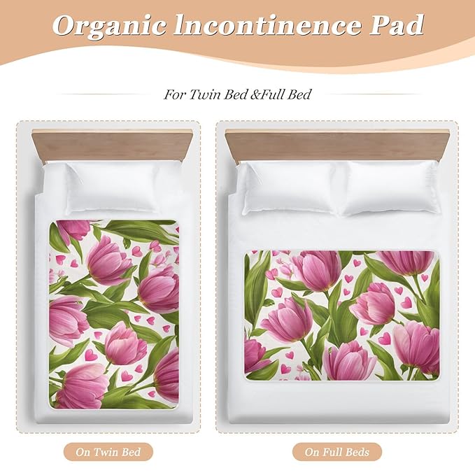 Waterproof Bed Pad Reusable Changing Pad Toddler Mattress Protector Large Pee Pad Baby Diaper Pad Soft Washable Liner Pink Fresh Tulips and Hearts
