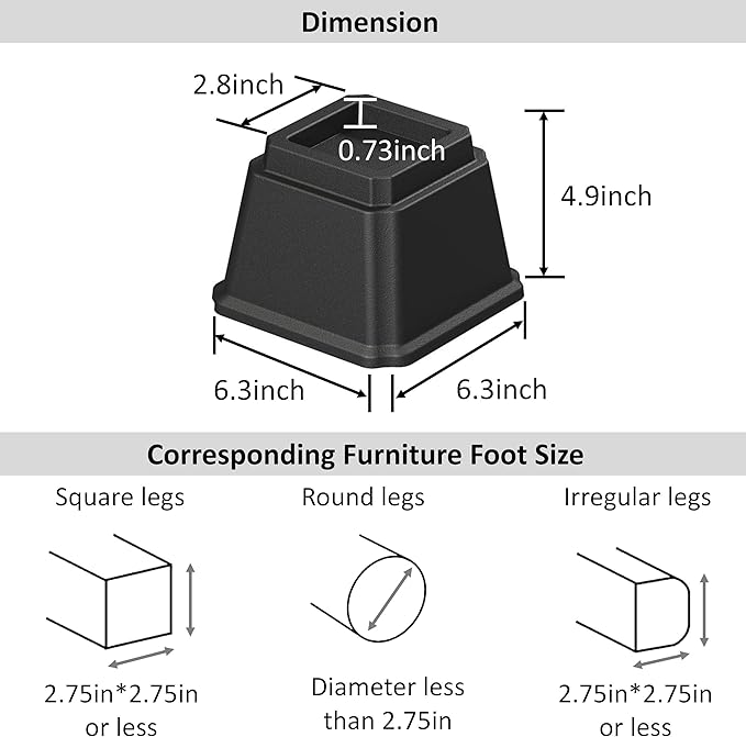Bed Risers 4 Inch Heavy Duty Bed Elevators, Set of 6 Lifts Up 3,000 lbs Furniture Riser for Sofa and Table, Black